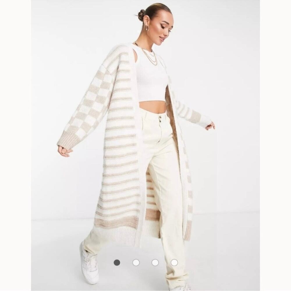 TopShop Oversized Duster Checkerboard Stripe Maxi Cardigan Sweater Cream XS